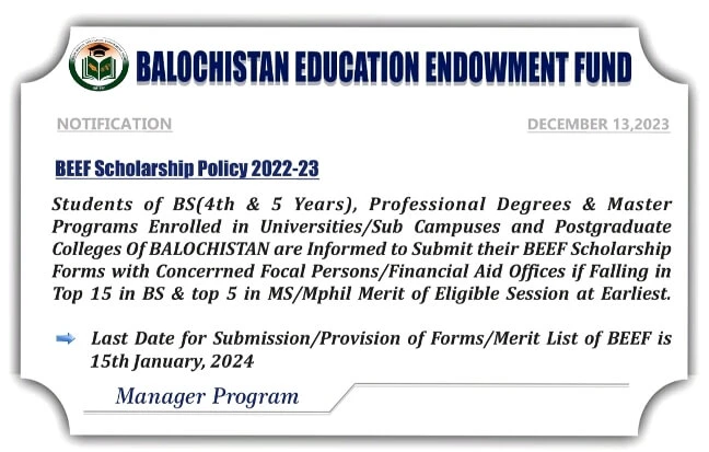 BEEF Merit Scholarships for BS and MS 2024 Apply Online