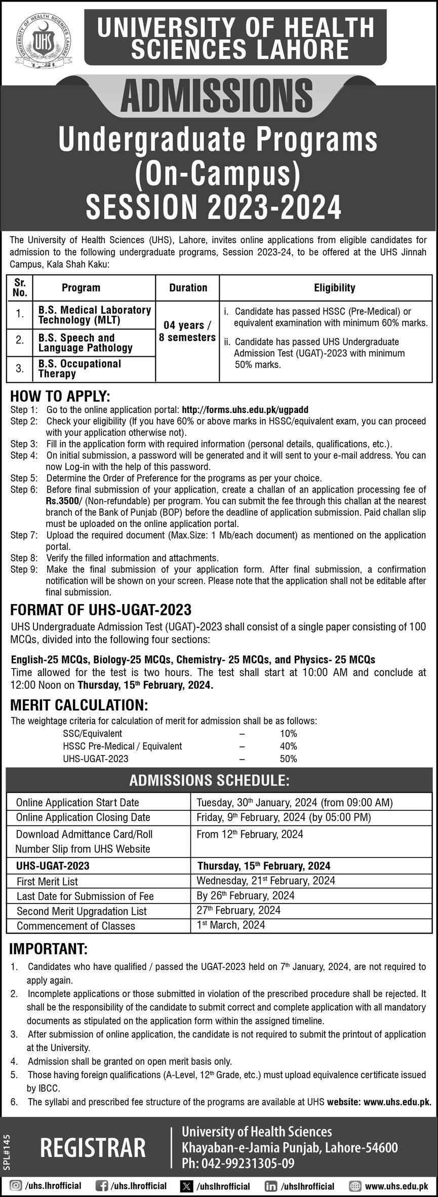 UHS Lahore Admission 2024 Apply Online - Last Date
