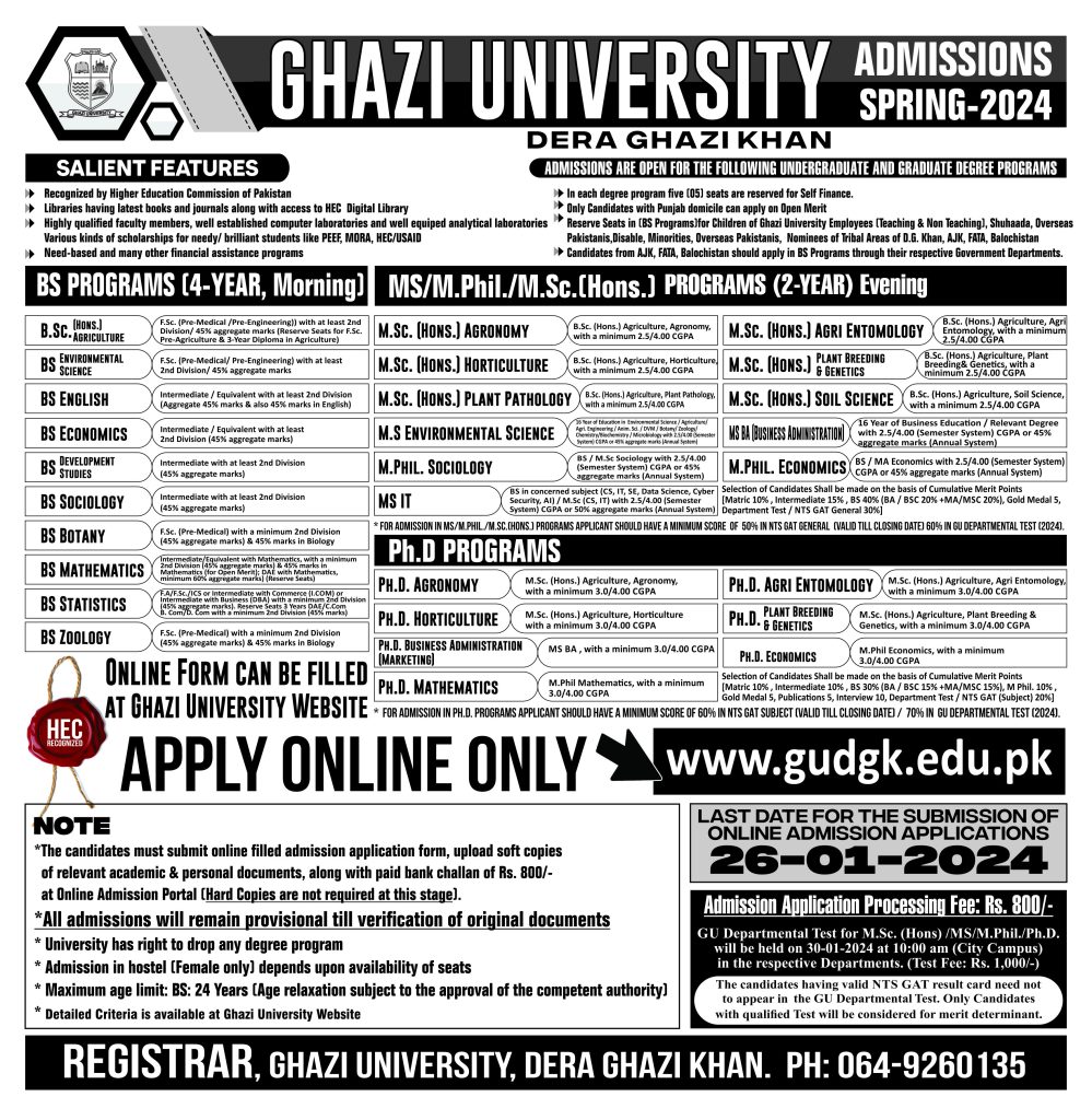 Ghazi University Admission 2024 Online Apply Fee Structure