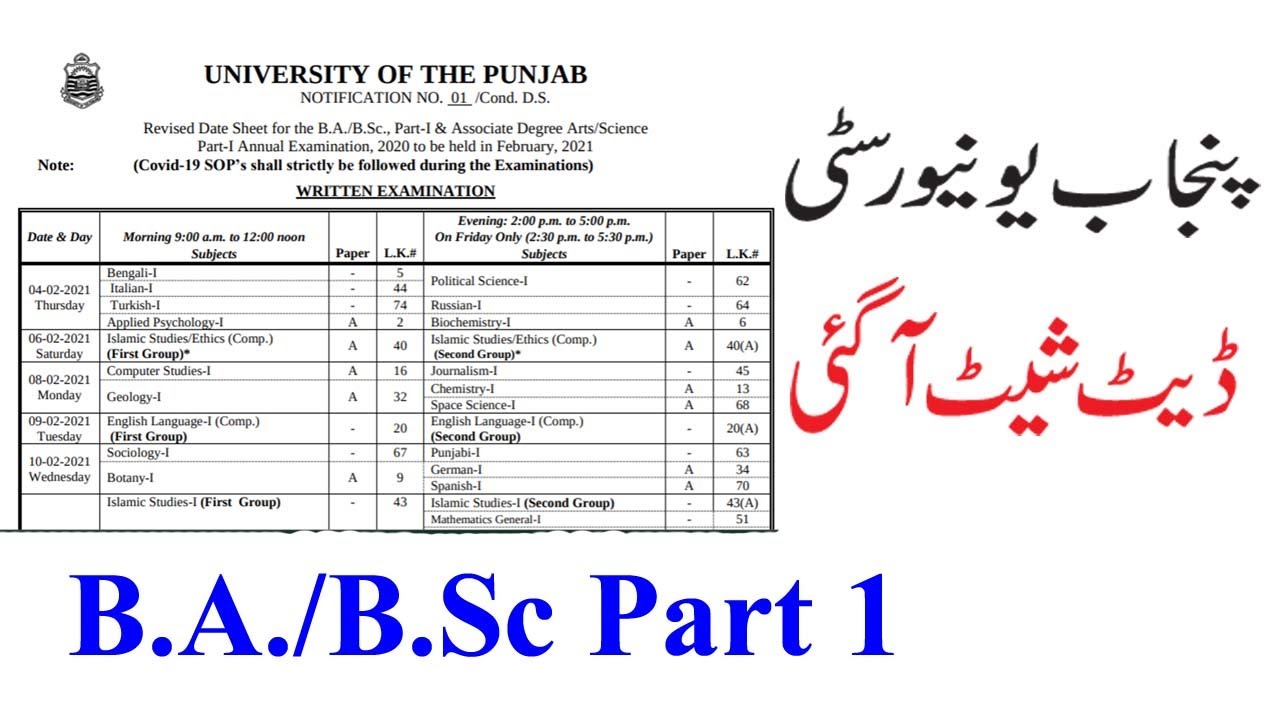 Punjab University Date Sheet 2024 PDF Download