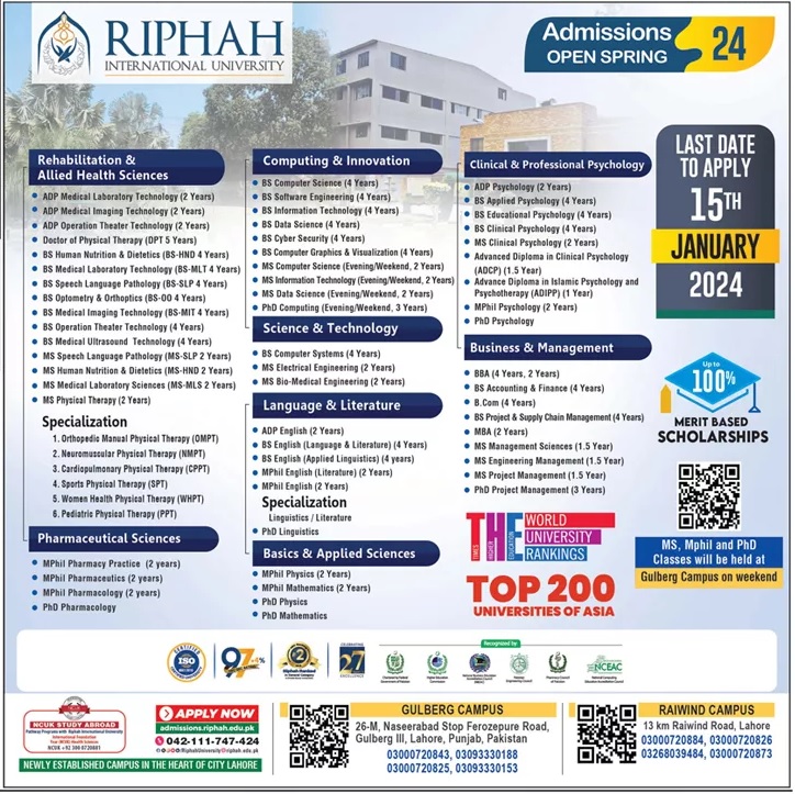 Riphah University Islamabad Admission 2024 Apply Online Last Date