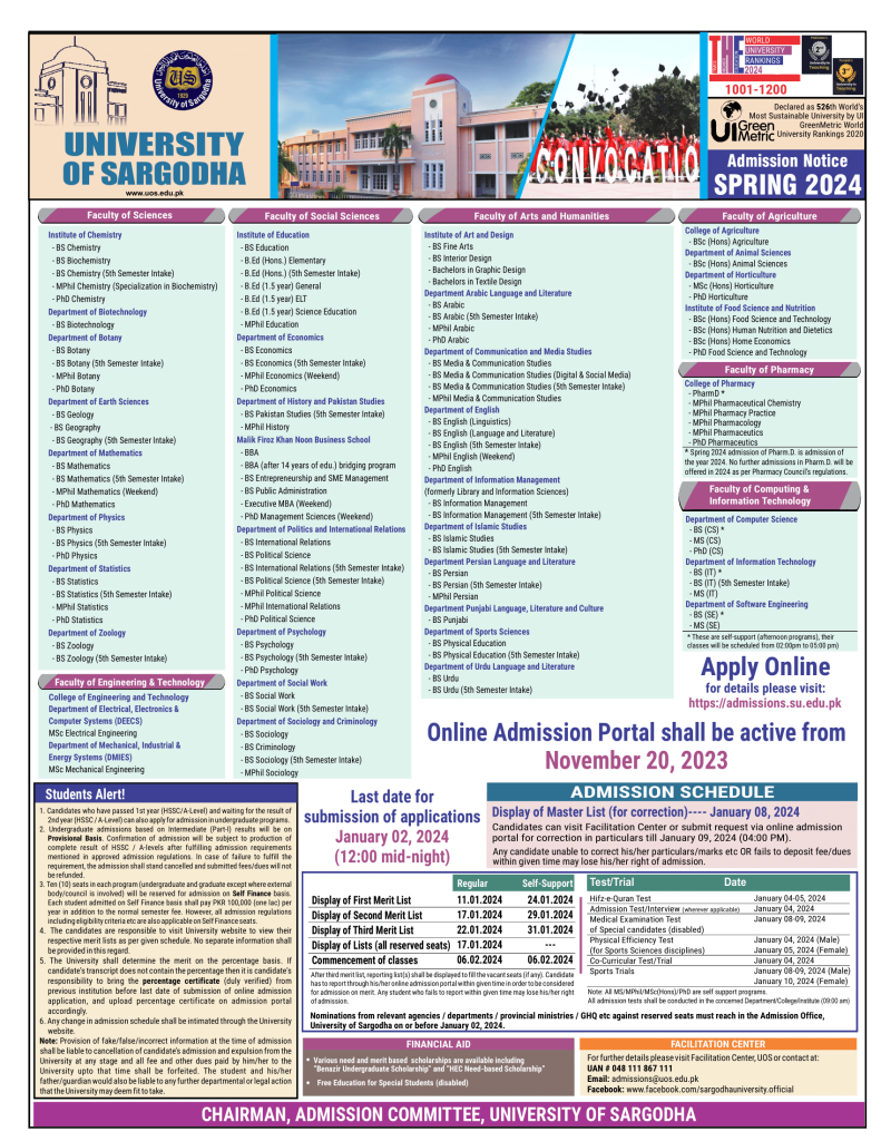 Sargodha University Admission 2024 Last Date Fee Structure